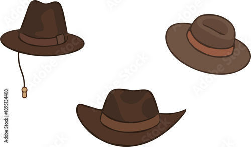   
Three brown hats in distinct styles—wide brim with chin strap, round crown with band, and cowboy shape