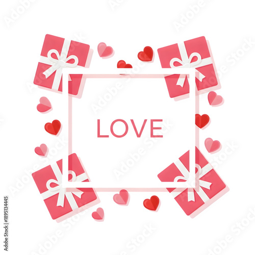 Romantic gift boxes and hearts frame with LOVE text