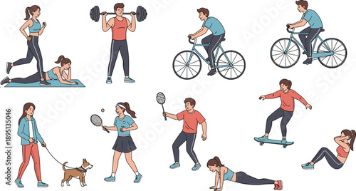 Vector illustration of diverse fitness activities, people exercising outdoors, biking, running, skateboarding, dog walking, active lifestyle, health
