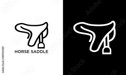Simple line art illustrations of a horse saddle on contrasting backgrounds from a side view