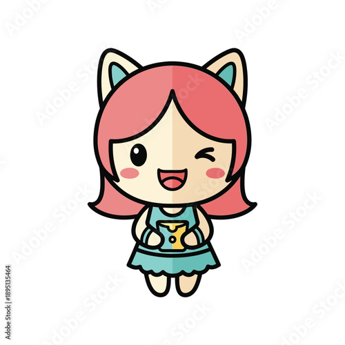 Cartoon girl with cat ears holding a star in cute kawaii style with pastel colors and soft lighting for childrens illustration
