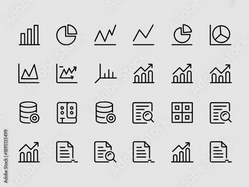 Modern Black Outline Data Analytics Icons Set: Charts, Graphs, Documents, Databases, and Growth Symbols
