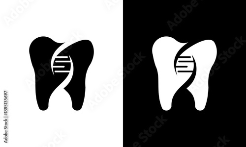 A dental icon featuring a tooth with a DNA double helix symbol integrated into its design, presented in contrasting black and white variations