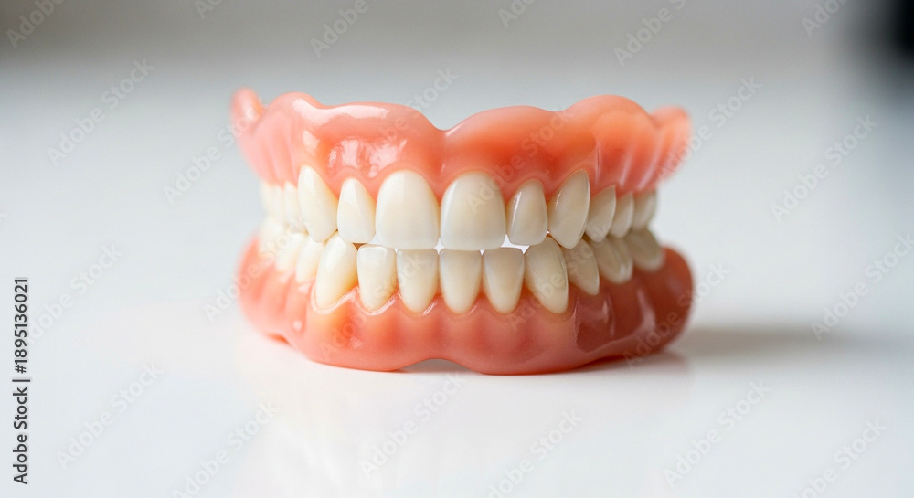 Obraz premium Denture with shiny white teeth on pink gums on white