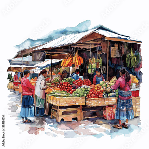 Otavalo Market. Otavalo Market hand drawn watercolor illustration