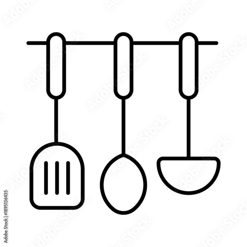 Kitchen spatula, ladle and big spoon icons for cooking hanging on a wall mounted rack. Utensil silhouettes of cookware.  Editable stroke