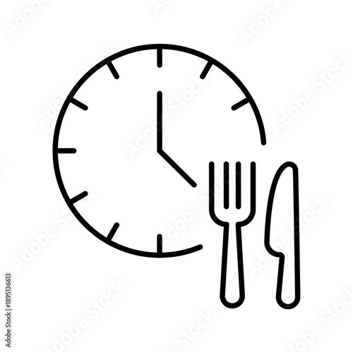 Lunch time icons. Time for eating. Editable stroke outline clock with knife and fork signs