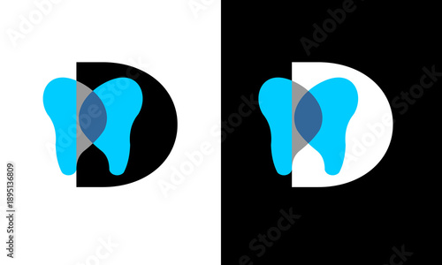 A split-screen graphic featuring a stylized tooth logo on contrasting backgrounds