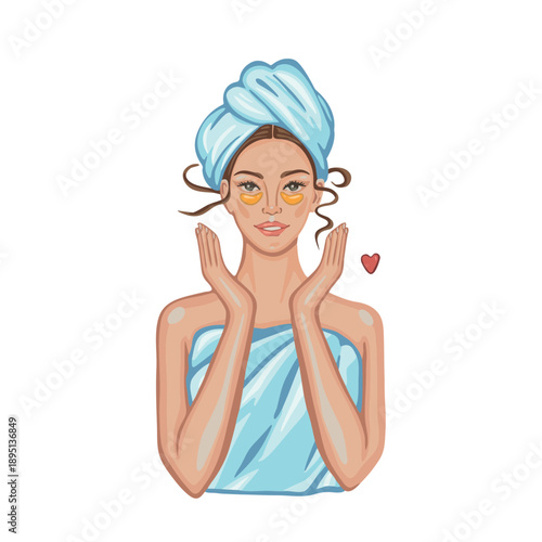 Young woman taking care of herself with under eye skincare patches