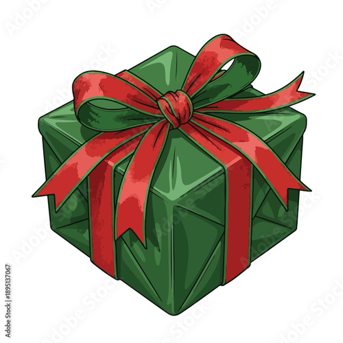 Green Gift Box with Red Ribbon.