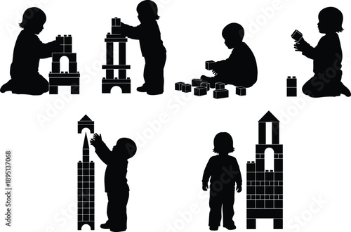 Children playing with construction blocks silhouette collection showing creative learning, building activities, and early childhood development educational toy concepts