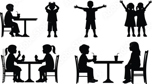 Children silhouette set showing kids eating, standing, and celebrating together for childhood lifestyle, social interaction, and education illustration concepts