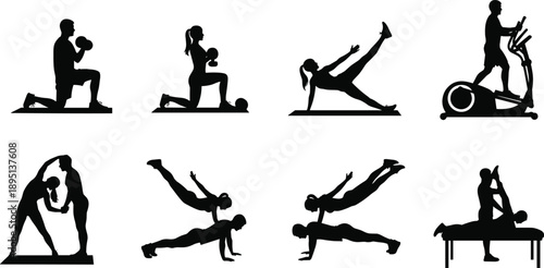 Fitness and workout silhouettes set showing strength training, yoga, cardio, and partner exercises for healthy lifestyle and gym illustration concepts