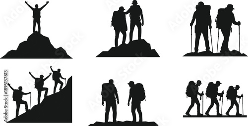 Hiking and mountaineering silhouettes collection showing backpackers climbing mountain peaks together for adventure travel, teamwork, and outdoor lifestyle inspiration