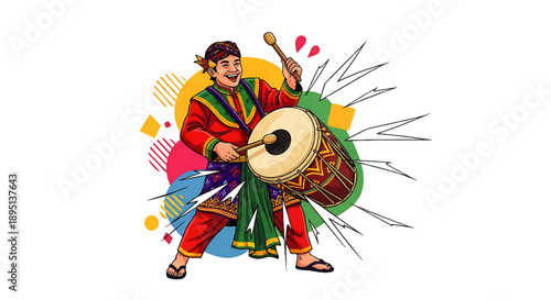 Korean Drumbeat Joy as Man in Red and Green Hanbok Beats a Large Drum in Vibrant Cartoon