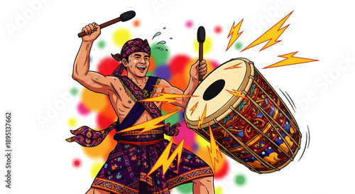 Animated Man Striking a Vibrant Drum in Dynamic Cartoon Illustration