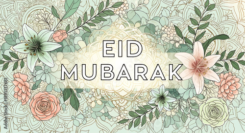Happy Chinese Lunar Day Eid Mubarak Celebration with Vibrant Floral Design and Bold Typography