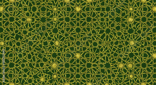 Dynamic Yellow Eight-Petaled Flower Mosaic Pattern on Green Background