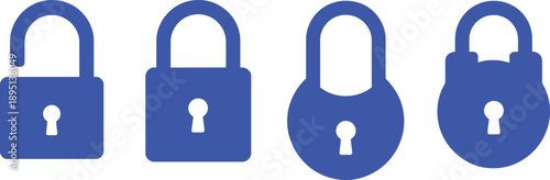 Four blue padlock one unlocked security keyhole