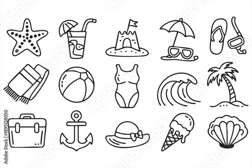 Seaside Holiday and Tropical Beach Line Icons Set