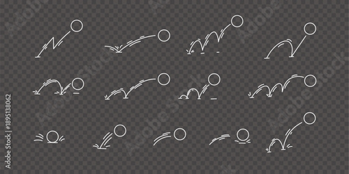 White bouncing ball motion icons with sketch arrows and curved paths
