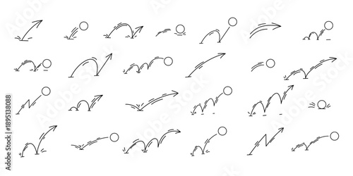Handdrawn bouncing ball and motion arrows in black on white