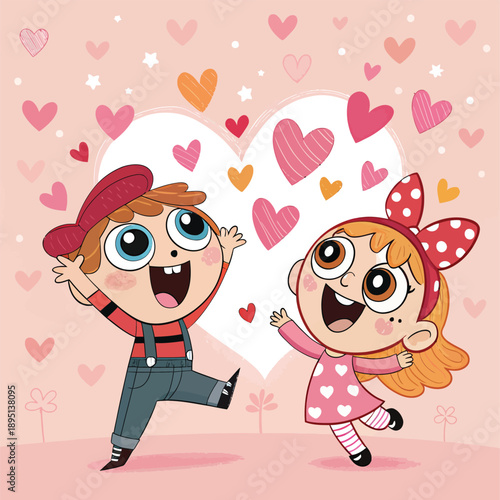 Cute cartoon illustration of a boy and girl with hearts, celebrating love and friendship with a playful, joyful expression and a touch of whimsy in a vibrant, rosy pink backdrop with floral accents