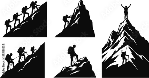 Mountain climbing and hiking silhouettes set showing teamwork, adventure travel, summit achievement, and outdoor exploration success concepts
