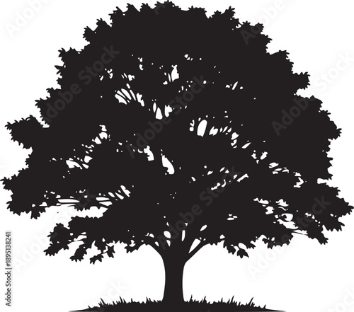 Large oak tree silhouette with lush leafy canopy and sturdy trunk ideal for summer landscape designs environmental conservation projects and natural park branding on white background