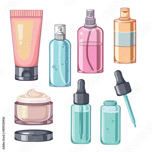 Facial skincare product set collection with bottles and jars