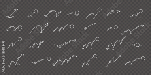 White bouncing ball path symbols with motion arrows on transparent background