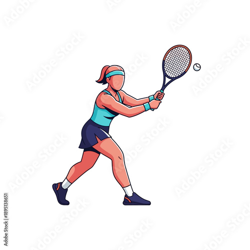 Woman playing tennis, hitting forehand shot with racket and ball, dynamic action illustration