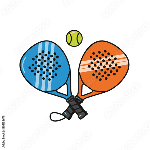Two crossed padel rackets with a ball