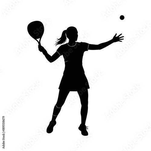 Woman silhouette playing tennis, preparing to serve, isolated on white background, sport concept