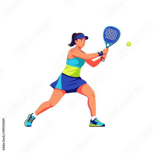Woman playing padel tennis, hitting ball with racket, dynamic sports illustration