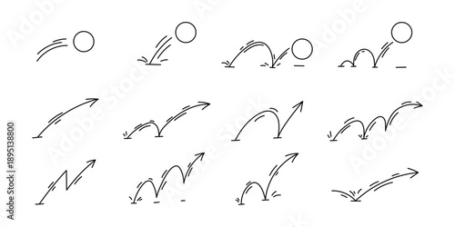 Doodle bounce arrows and ball motion symbols in vector style