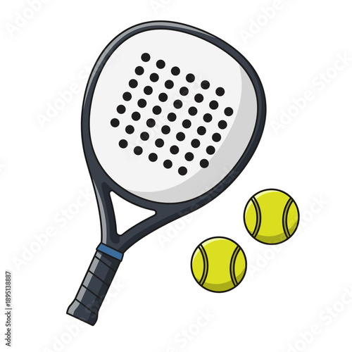 Padel Racket with Two Tennis Balls, Sports Equipment Isolated on White Background