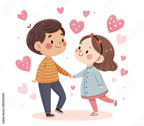 Charming illustration of a young couple holding hands surrounded by romantic pink hearts, celebrating love and connection