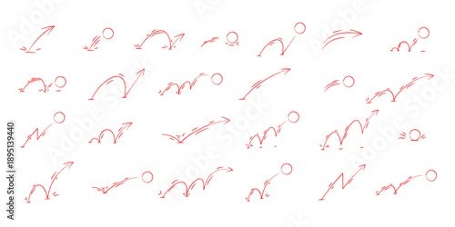 Red bouncing ball vector icons with curved arrows and movement