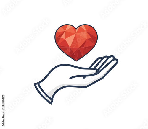 Geometric heart hovering above an open hand with white glove, symbolising care, love, and health