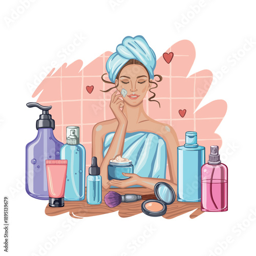 Young woman wrapped in towel bathing and getting ready