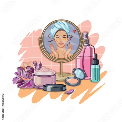 Young woman washing her face and getting ready in morning