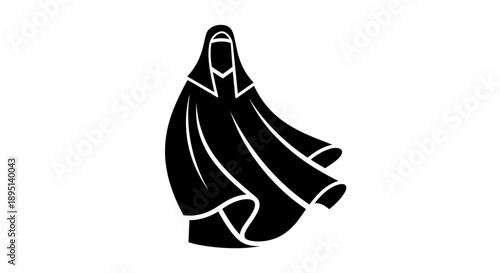 Simple black and white illustration of a person wearing a hijab or burqa.