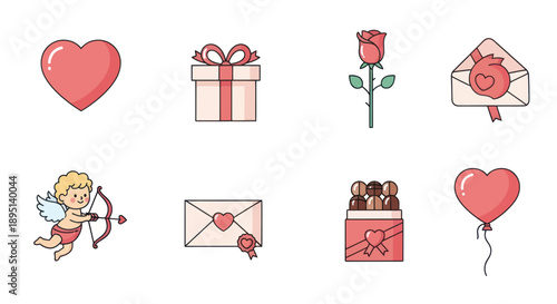 Valentine's Day Icons: Cupid, Heart, Rose, Gift Box, Envelope, Chocolates, Balloon