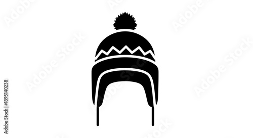 Black and white winter beanie hat with pompom illustration.
