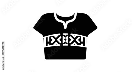 Black cropped t-shirt with white collar and tribal pattern.