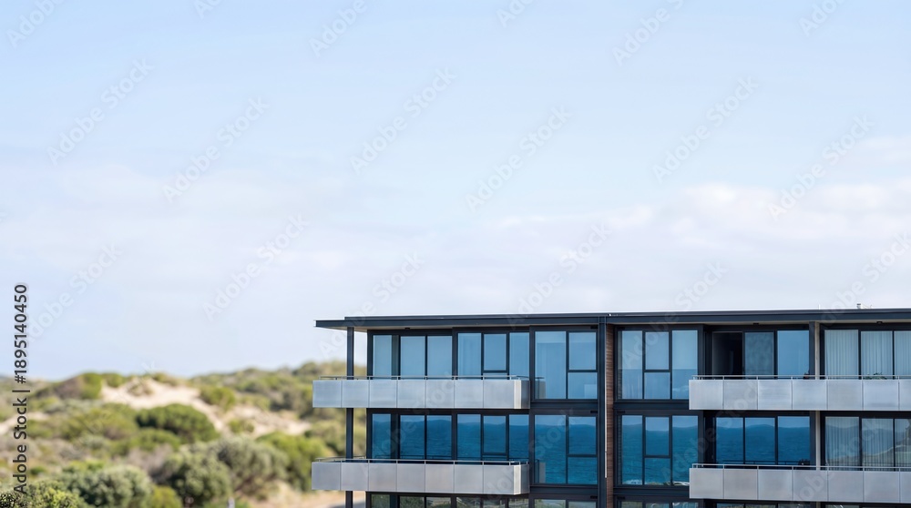 Naklejka premium Modern Coastal Apartment Building Exterior With Balconies And Copy Space