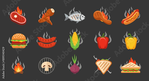 Assorted Food Items with Flames Emblems.