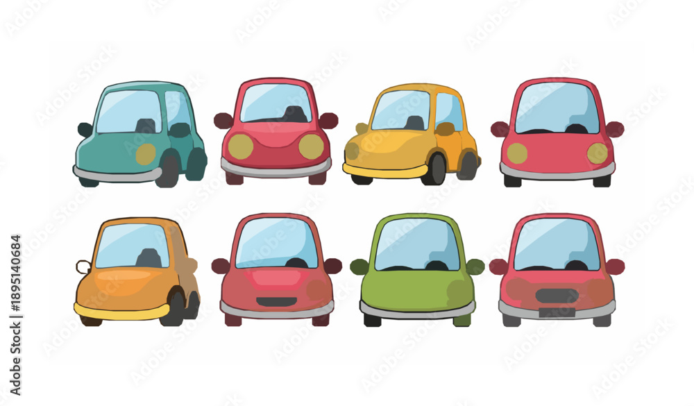 Fototapeta premium Cute cartoon car vector collection with colorful smiling vehicles for kids and playful designs
