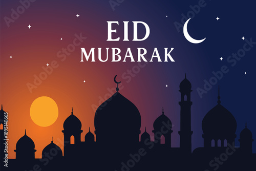 Eid Mubarak Evening Skyline With Crescent Moon And Silhouetted Mosques At Sunset